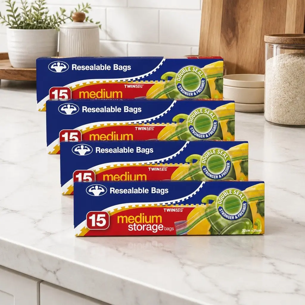 Medium Storage Bags 15pk x5 Resealable Food Bags Pantry Kitchen Organisation