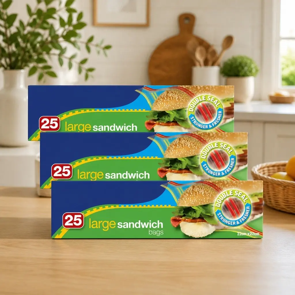 Large Sandwich Bags Resealable Food Storage 25pk x4 Clear Design Fresh Keep