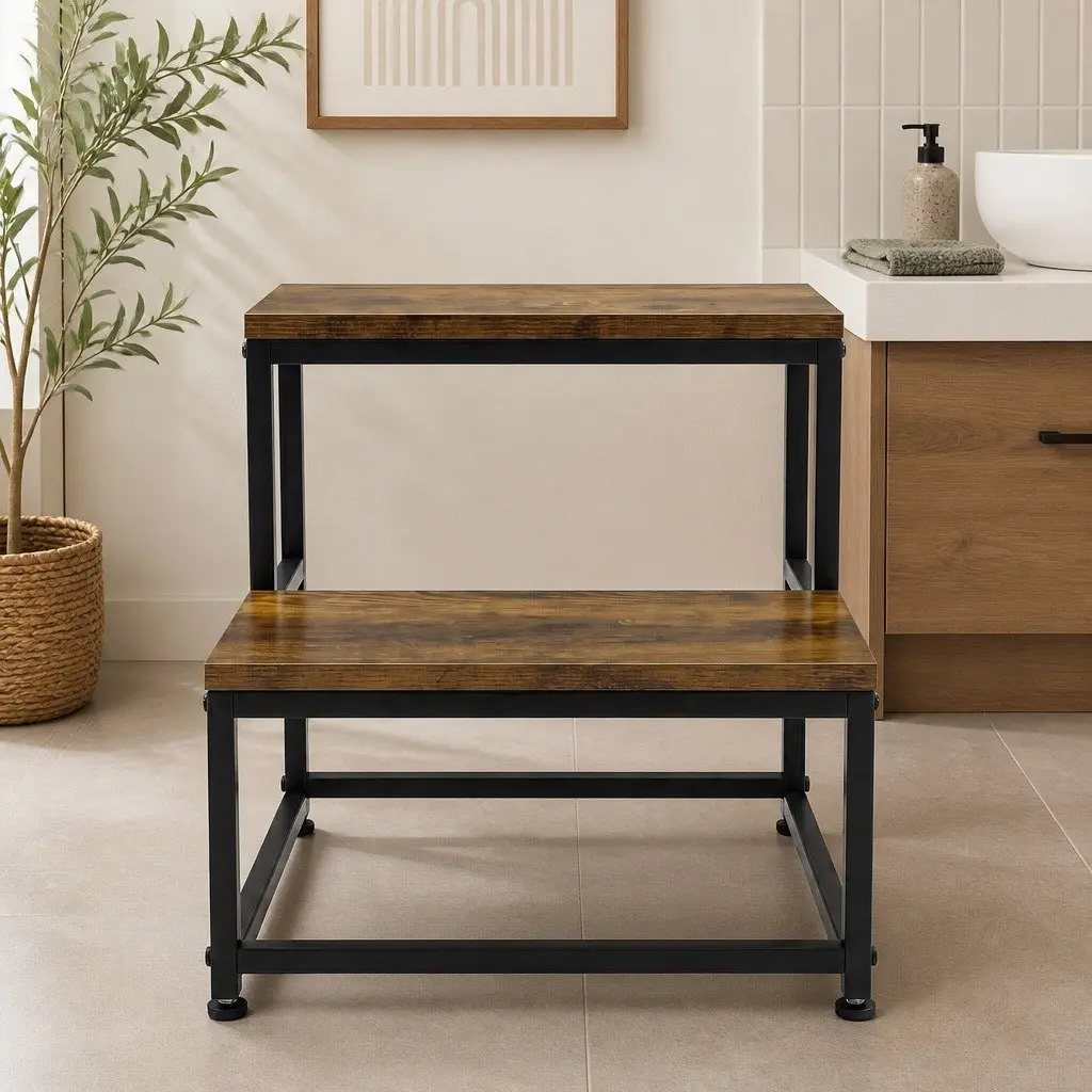 2-Step Stool Non Slip Portable Iron Frame MDF Brown Stepping Ladder for Bathroom Kitchen Kids Adult Pet