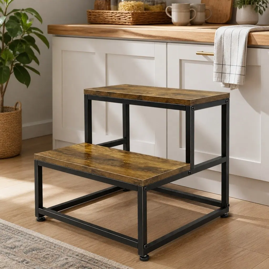 2-Step Stool Non Slip Portable Iron Frame MDF Brown Stepping Ladder for Bathroom Kitchen Kids Adult Pet