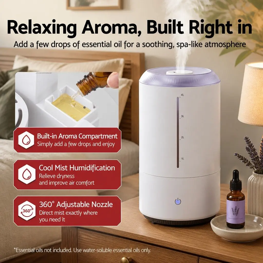 Ultrasonic Humidifier Aroma Diffuser Top Fill 4L Quiet White