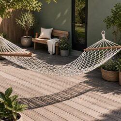Hammock Bed Outdoor Indoor Camping Hanging Chair Mesh Cotton Rope Cream Relax