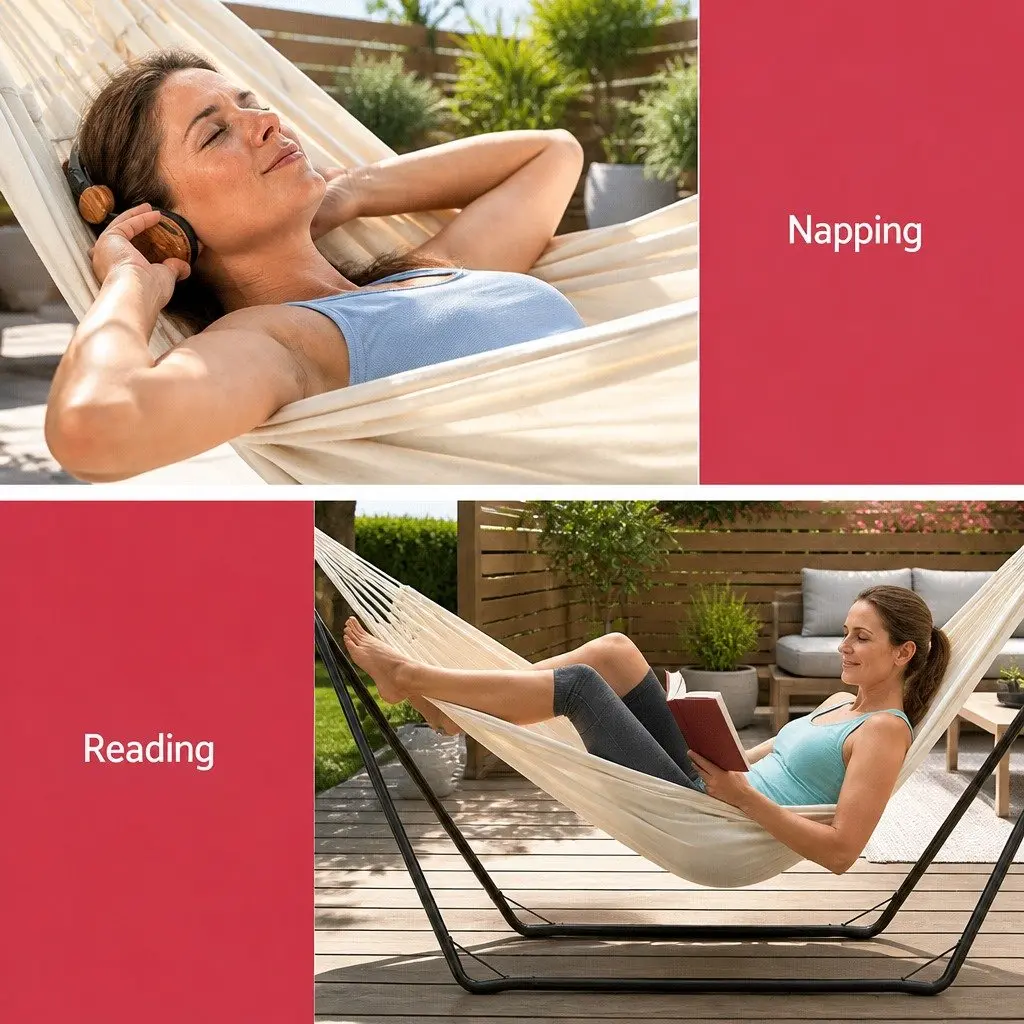 Hammock Bed with Stand Powder-Coated Steel Frame Indoor Outdoor Relaxation Cream
