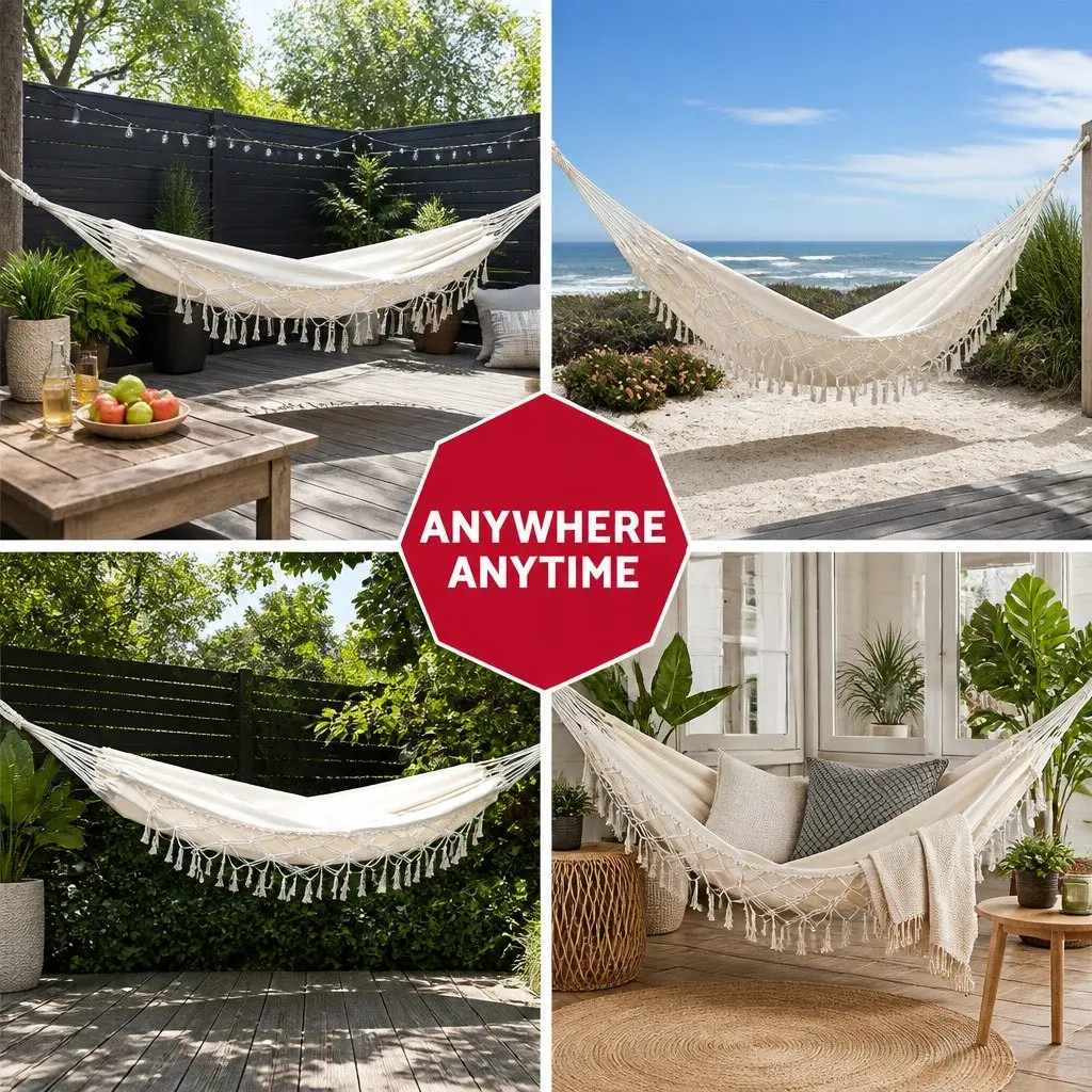Hammock Bed Rope Tassel Swing Chair Outdoor Indoor Camping Garden Hanging Cream