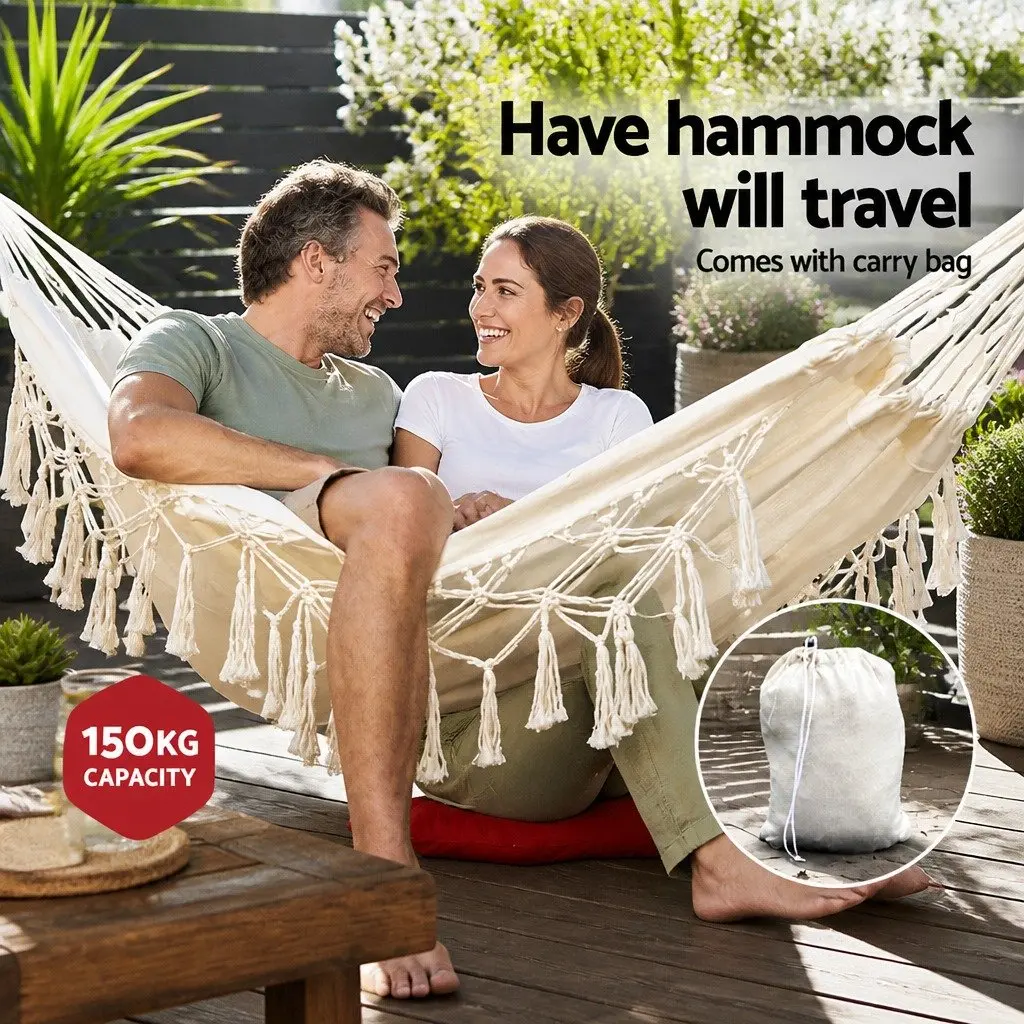 Hammock Bed Rope Tassel Swing Chair Outdoor Indoor Camping Garden Hanging Cream