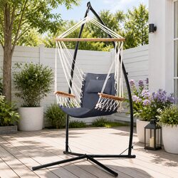 Hammock Chair with Steel Stand Armrest Grey Outdoor Indoor Hanging Swing