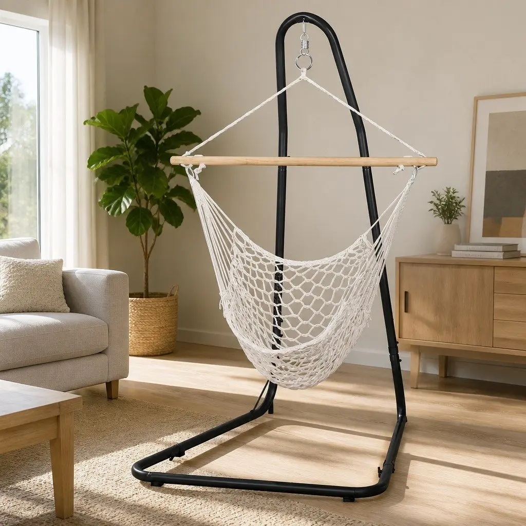 Hammock Hanging Chair with Padded Seat and Backrest Steel Frame for Indoor Outdoor Relaxation
