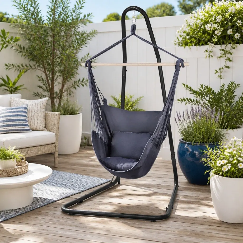 Hammock Chair with Stand A-Frame Heavy Duty Steel Adjustable Height Indoor Outdoor Relaxation