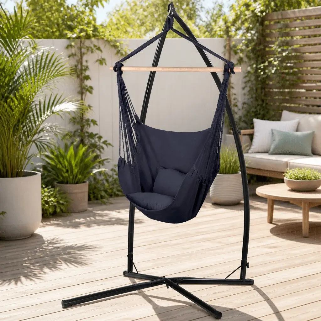 Hammock Chair Outdoor Hanging Swing with Steel Stand Frame Grey Relaxation