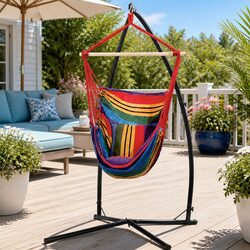 Hammock Chair Outdoor Camping Hanging with Steel Stand Rainbow 100cm Indoor