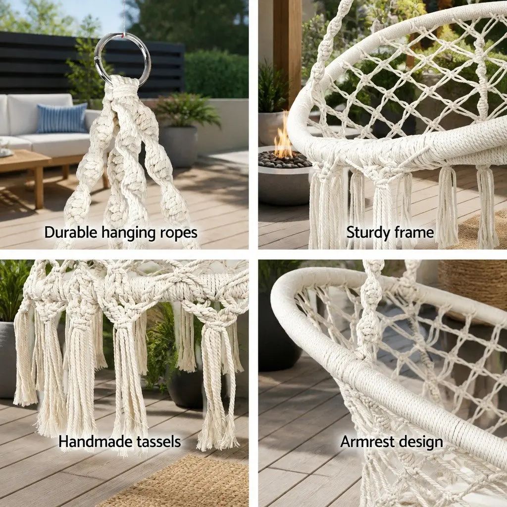 Outdoor Hammock Chair with Stand Cotton Swing Relax Hanging Cream 124CM