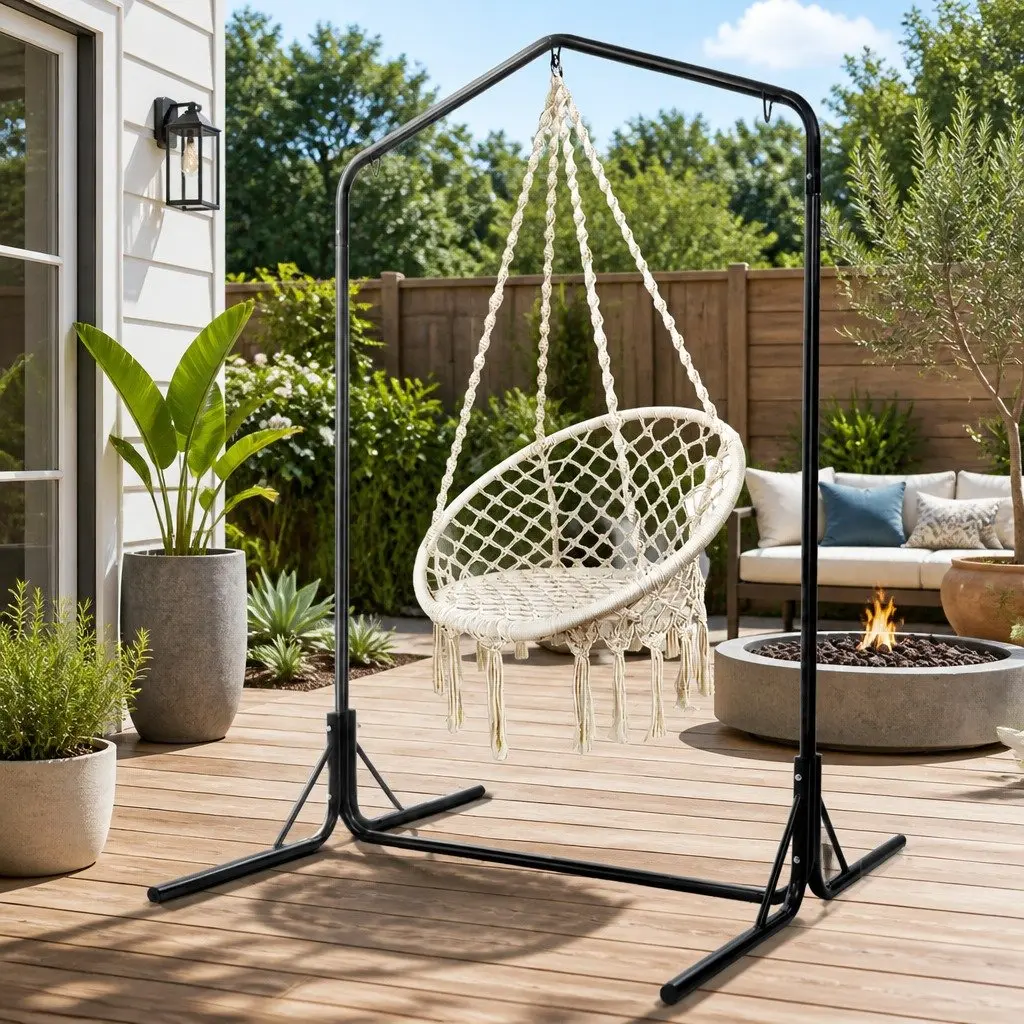 Outdoor Hammock Chair with Stand Cotton Swing Relax Hanging Cream 124CM
