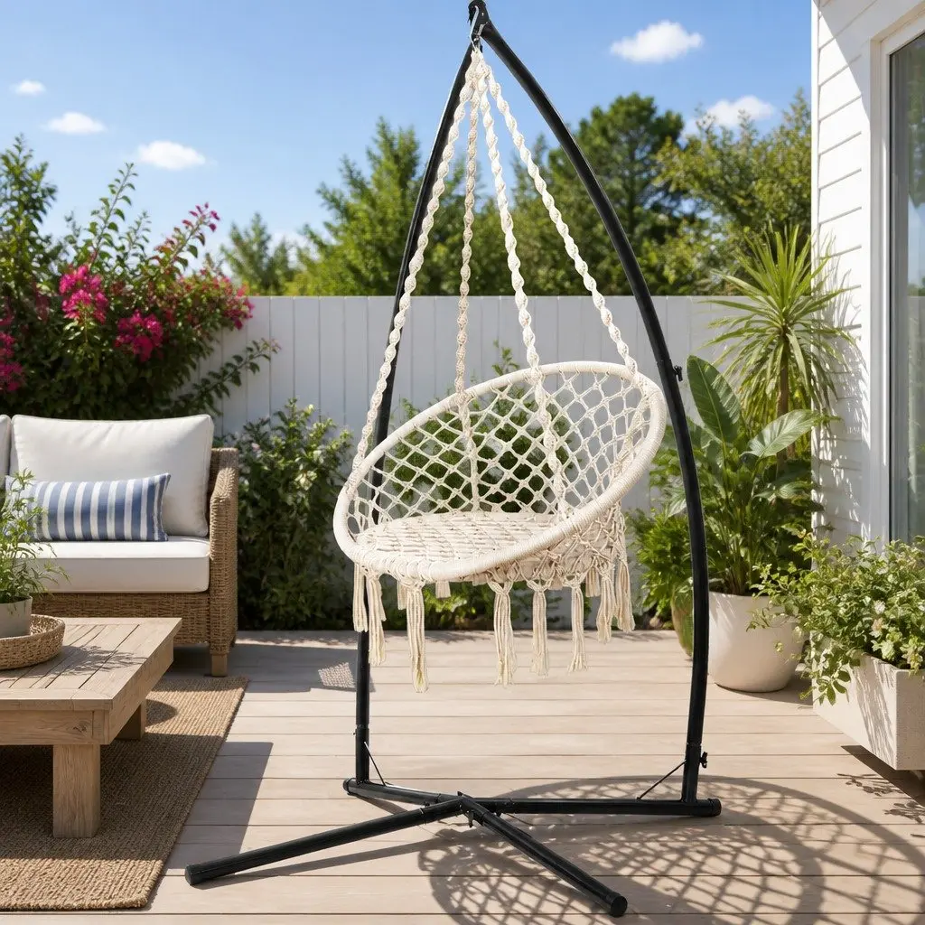 Hammock Chair Macrame Cream Outdoor Swinging Relaxation Seat with Steel Stand