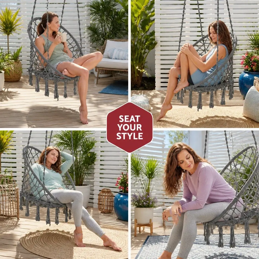 Hammock Chair Macrame Cotton Grey Indoor Outdoor Relaxation Swing