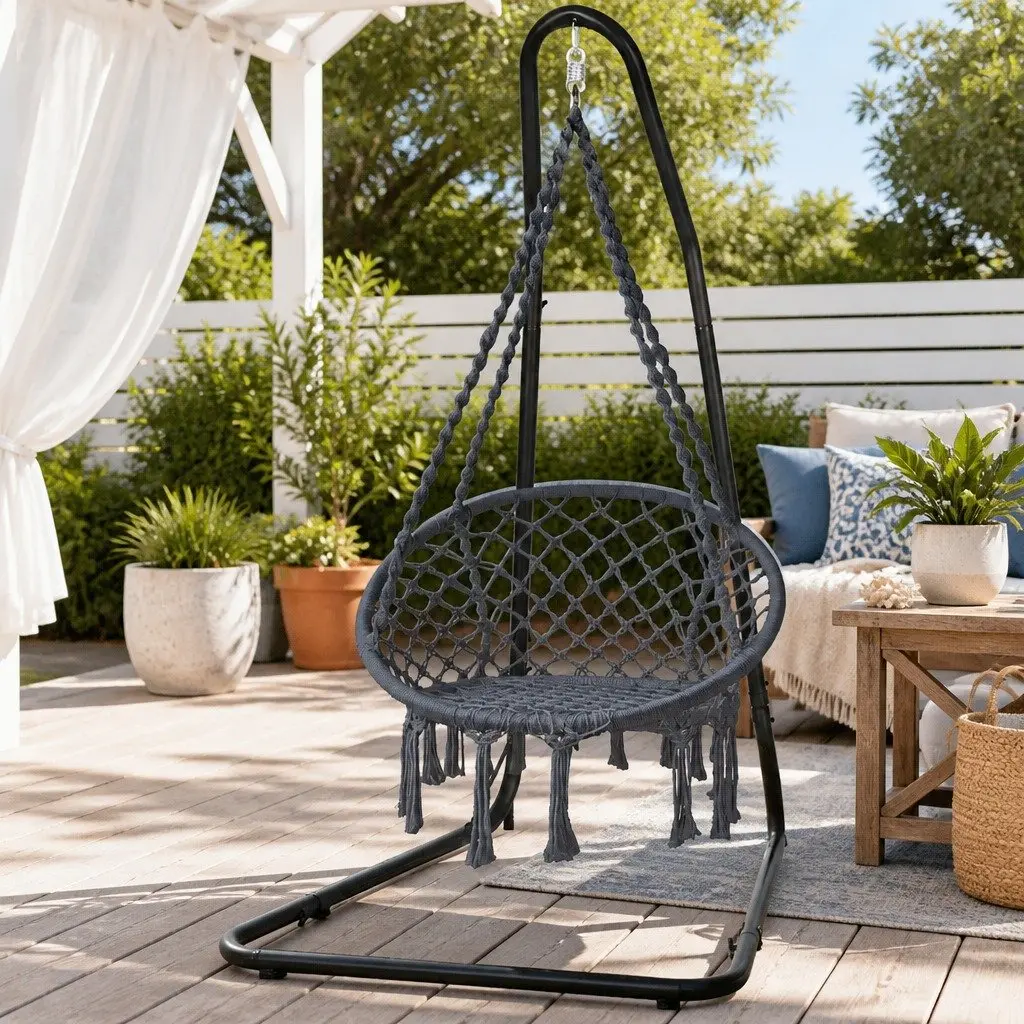 Hammock Hanging Chair with Steel Stand Adjustable Height Indoor Outdoor Relaxation Grey Black