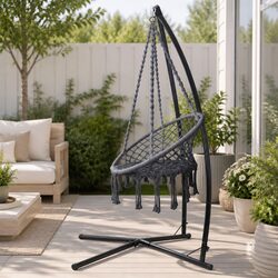 Hammock Chair with Steel Stand Macrame Outdoor Swinging Relaxation Furniture