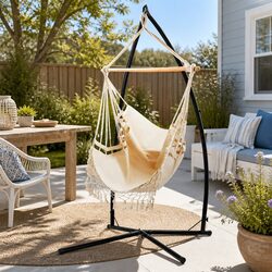 Hammock Chair with Steel Stand Outdoor Indoor Hanging Cream Tassel Furniture