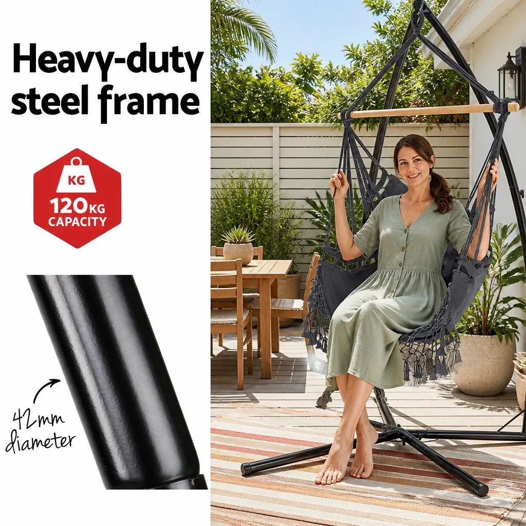Hammock Chair with Steel Stand Outdoor Relaxation Swing 150x90cm Grey