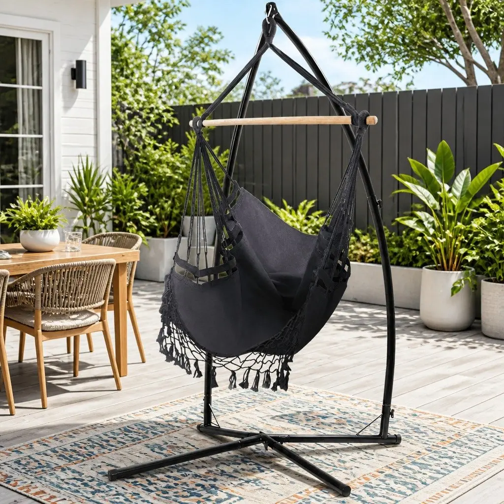 Hammock Chair with Steel Stand Outdoor Relaxation Swing 150x90cm Grey