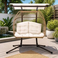 Hanging Egg Pod Chair 2 Seater Outdoor Swing Wicker Furniture Stand Canopy Latte