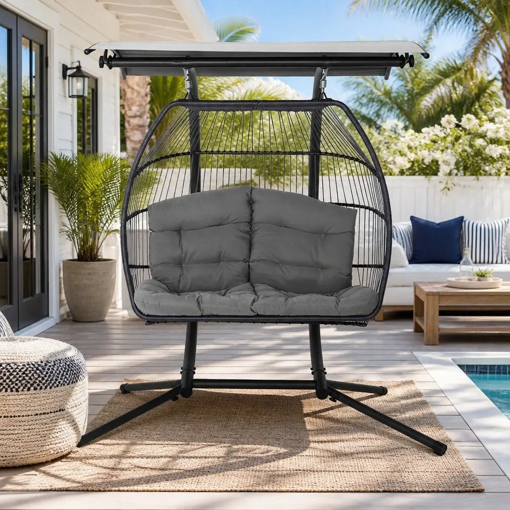 Outdoor Egg Swing Chair 2 Seater Adjustable Canopy Grey Wicker