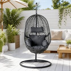 Outdoor Hanging Egg Swing Chair with Stand Rattan Pod Seat Black Cushion