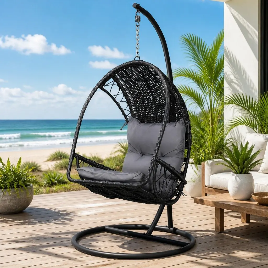 Hanging Egg Swing Chair with Stand Resin Wicker Black Outdoor Chair