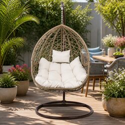 Hanging Egg Chair Outdoor Wicker Pod Swing Rattan Stand Cushion Latte Patio