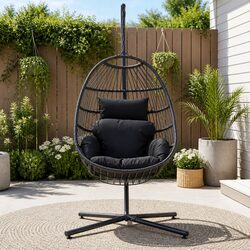 Hanging Egg Chair Outdoor Pod Swing Wicker Rope Stand Foldable Grey Patio Lounge