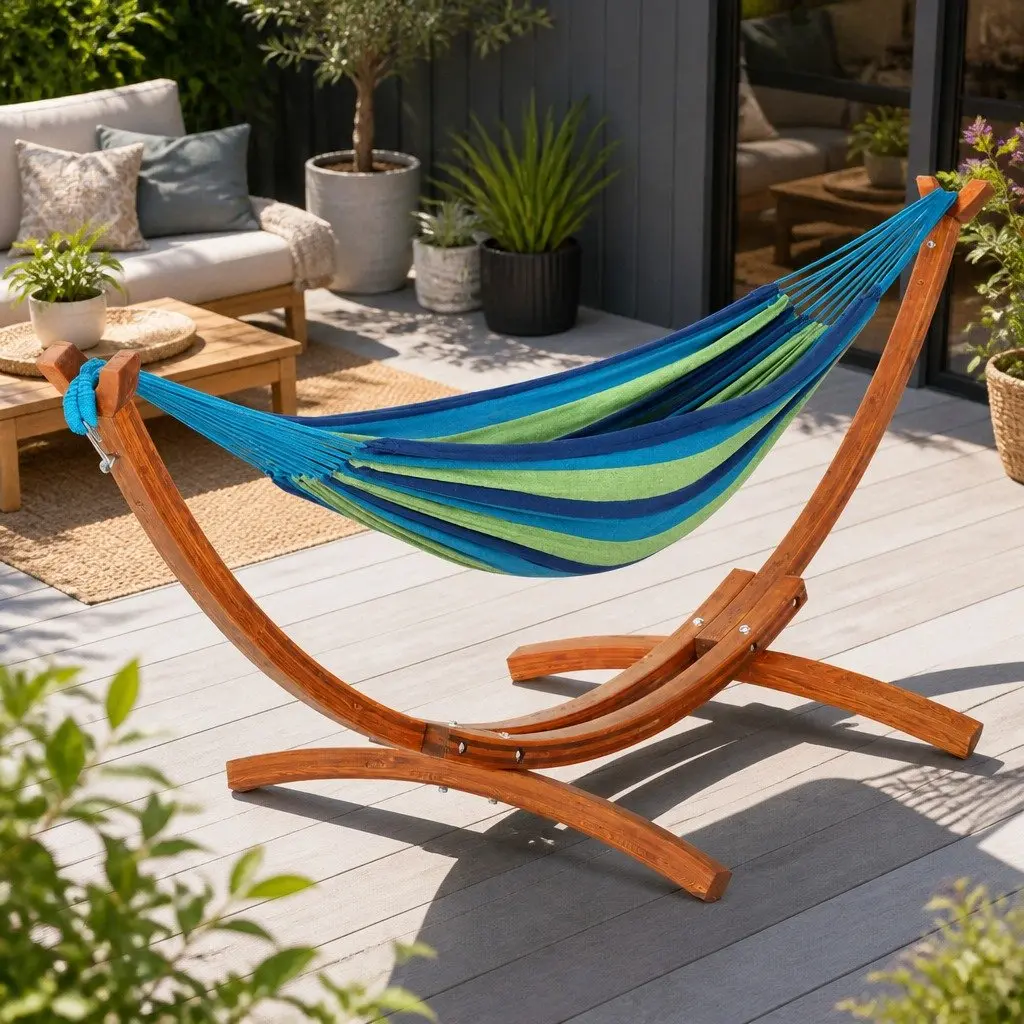 Hammock Bed with Wooden Stand Outdoor Relaxation 2-Person Sky Blue