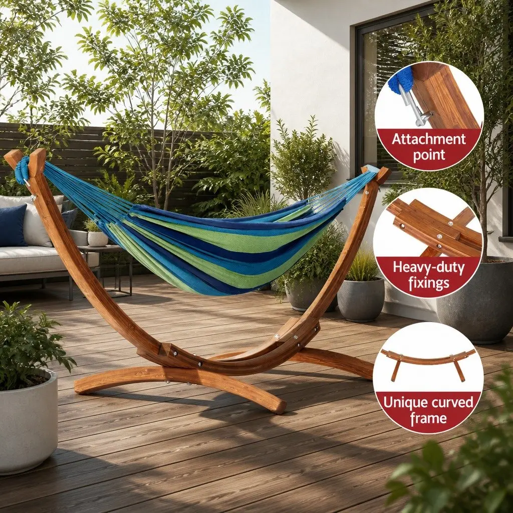 Hammock Bed with Wooden Stand Outdoor Relaxation 2-Person Sky Blue