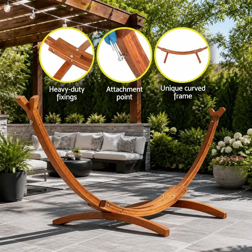 Hammock Stand Curved Wooden Frame 315cm Oak Indoor Outdoor 2 Person