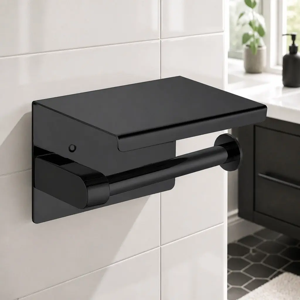 Toilet Paper Holder Wall Mount Black Stainless Steel Bathroom Storage