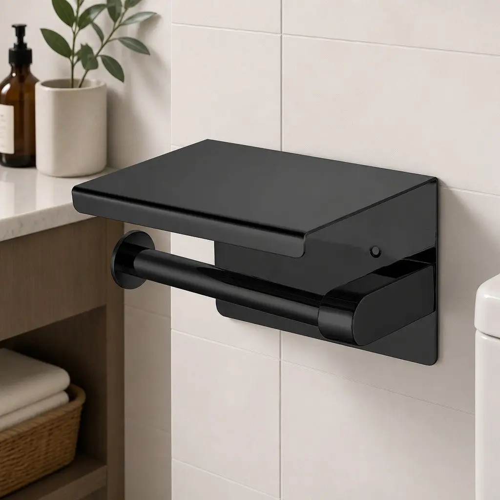 Toilet Paper Holder Wall Mount Black Stainless Steel Bathroom Storage