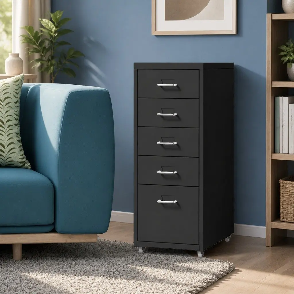 5 Drawer Filing Cabinet Compact Steel Office Storage Organizer Black