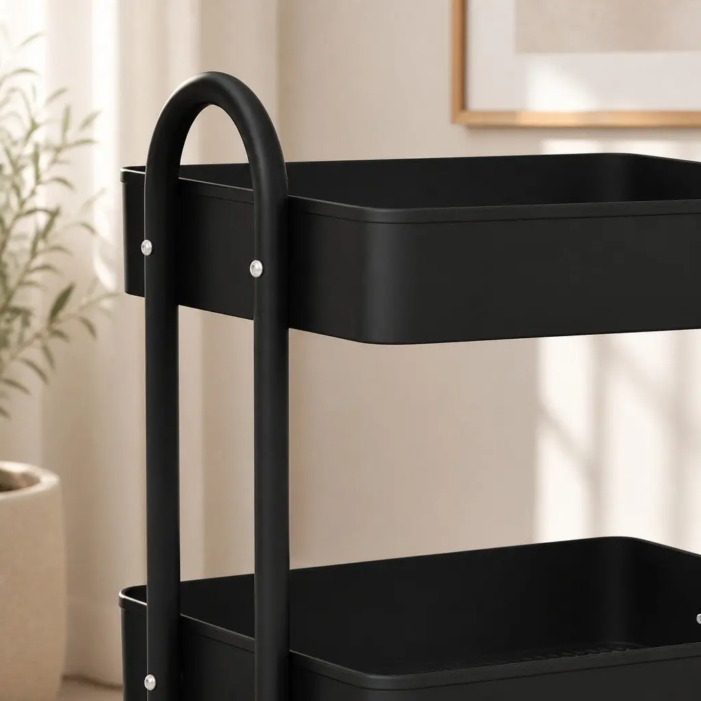 3-Tier Kitchen Trolley Cart Mobile Storage Organiser Wheels Black Steel Frame