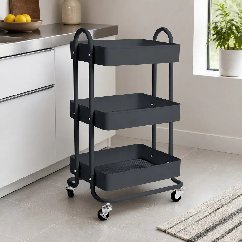 3 Tier Kitchen Storage Trolley Cart Rolling Organizer Compact Space Saving Grey