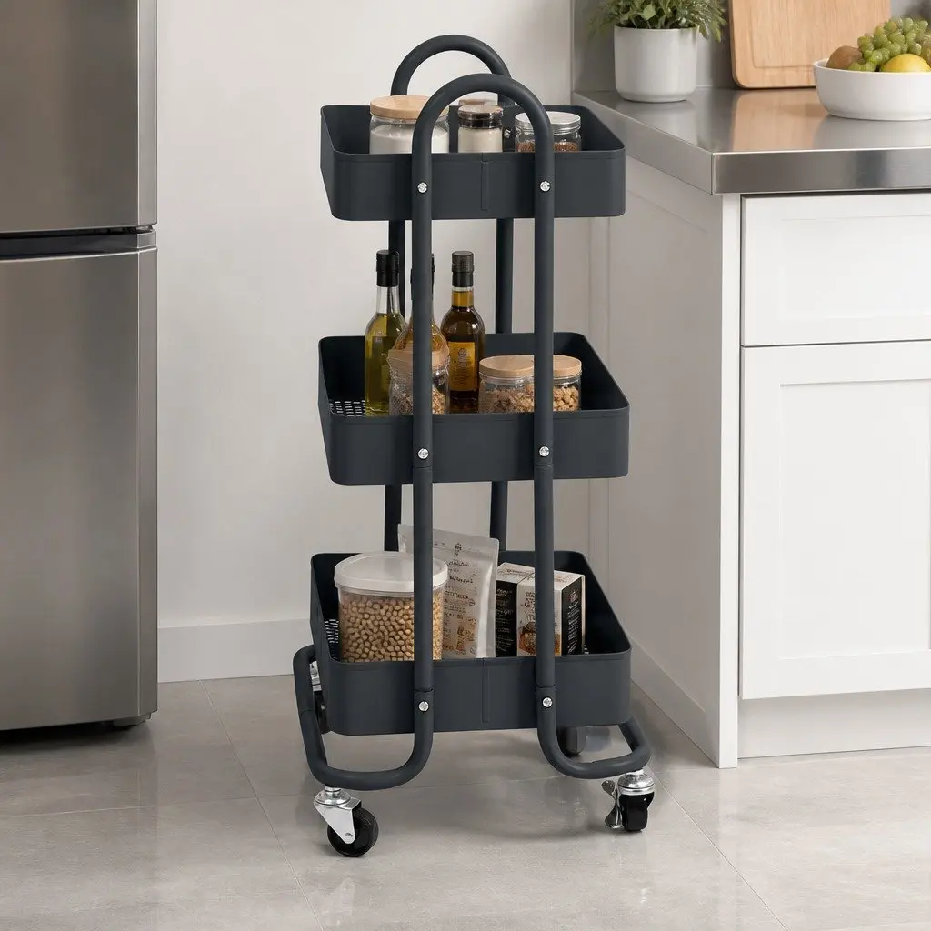 3 Tier Kitchen Storage Trolley Cart Rolling Organizer Compact Space Saving Grey