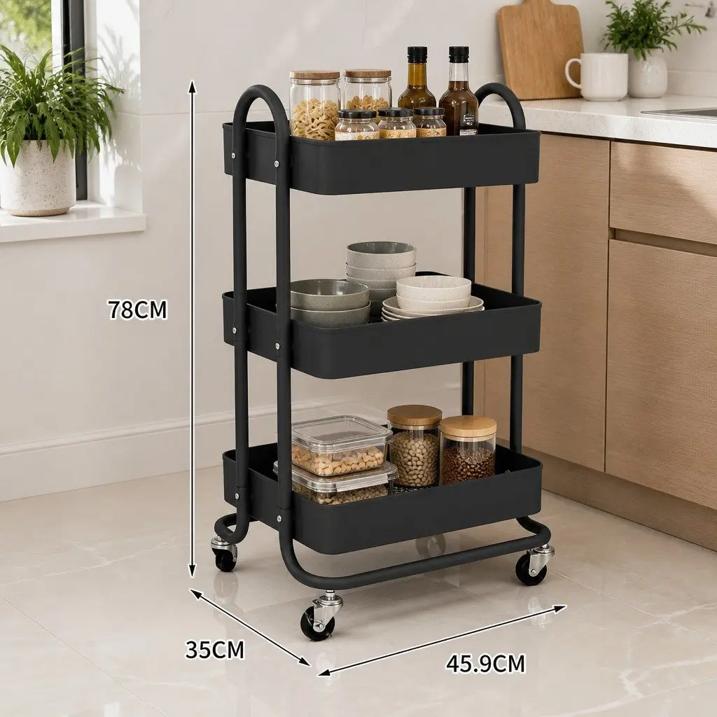 3 Tier Kitchen Storage Trolley Cart Rolling Organizer Compact Space Saving Grey