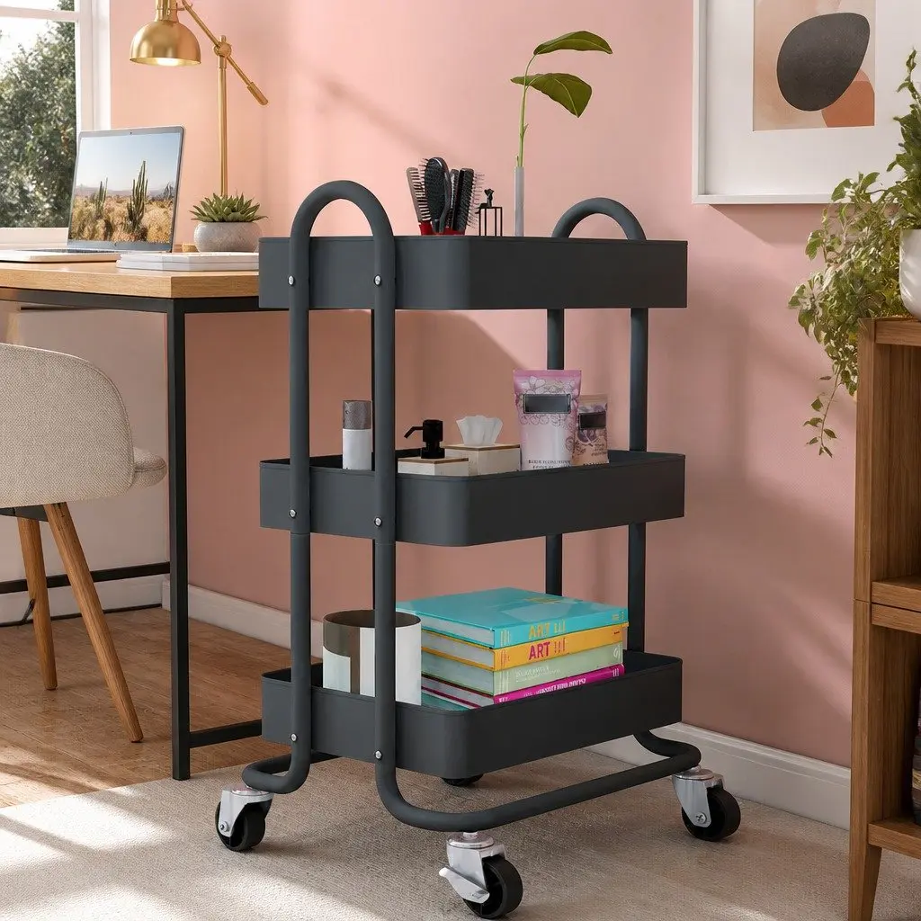 3 Tier Kitchen Storage Trolley Cart Rolling Organizer Compact Space Saving Grey