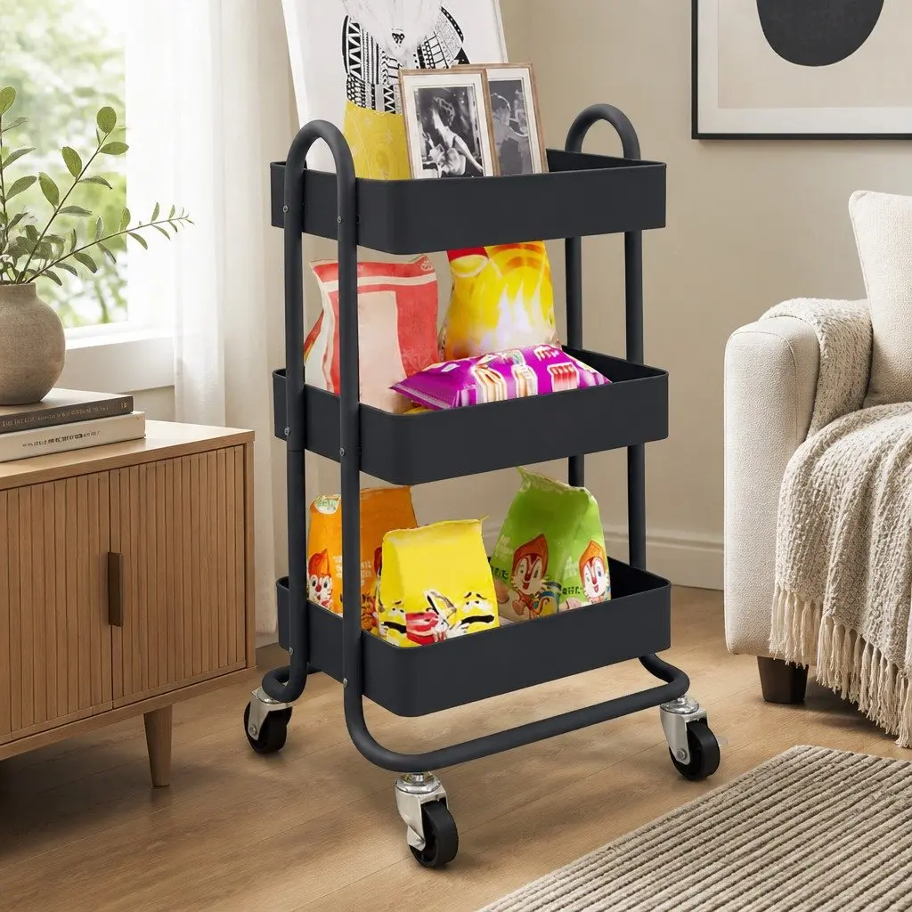 3 Tier Kitchen Storage Trolley Cart Rolling Organizer Compact Space Saving Grey