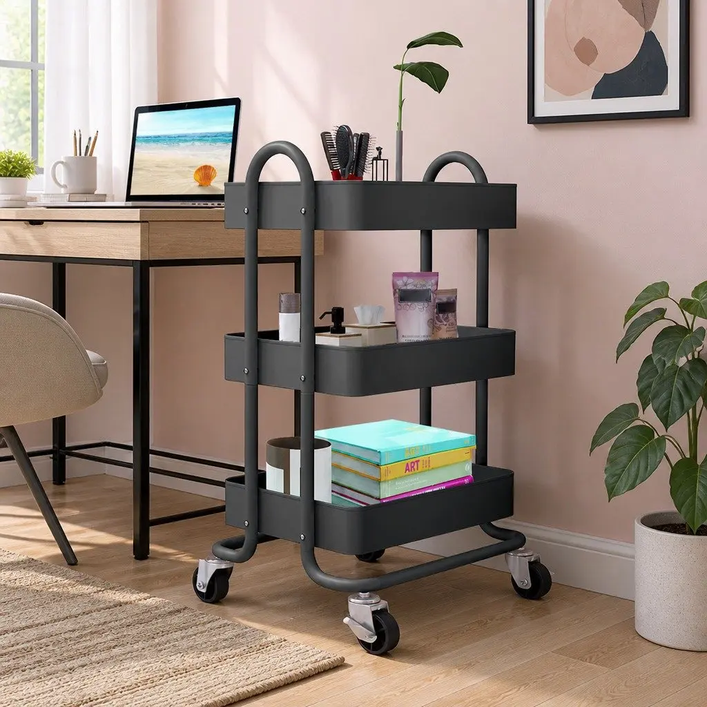 3 Tier Kitchen Storage Trolley Cart Rolling Organizer Compact Space Saving Grey