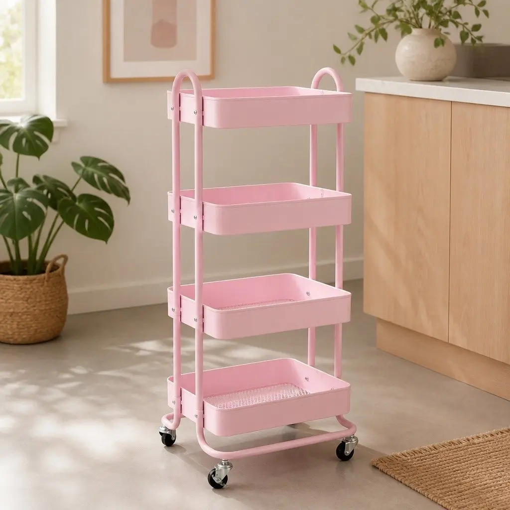 4-Tier Storage Trolley Kitchen Organizer Compact Rolling Cart with Wheels Pink