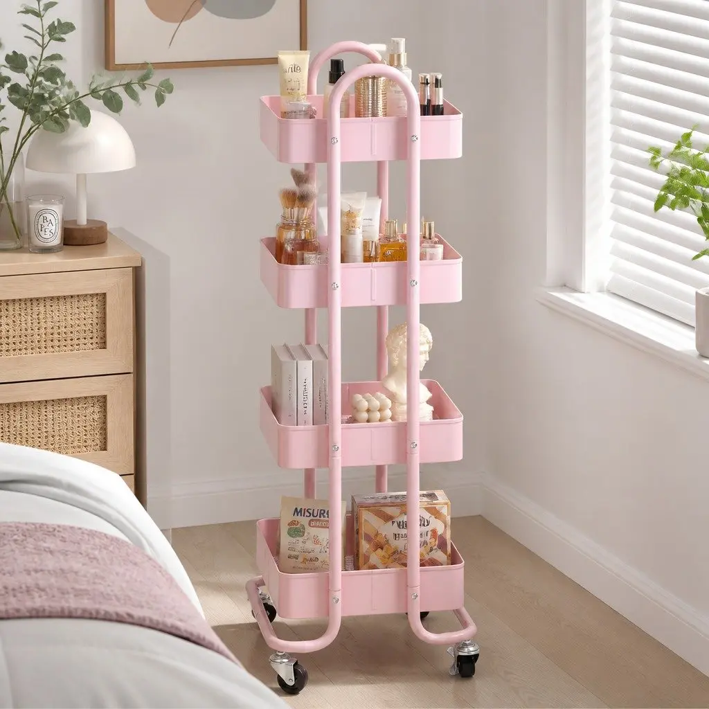 4-Tier Storage Trolley Kitchen Organizer Compact Rolling Cart with Wheels Pink
