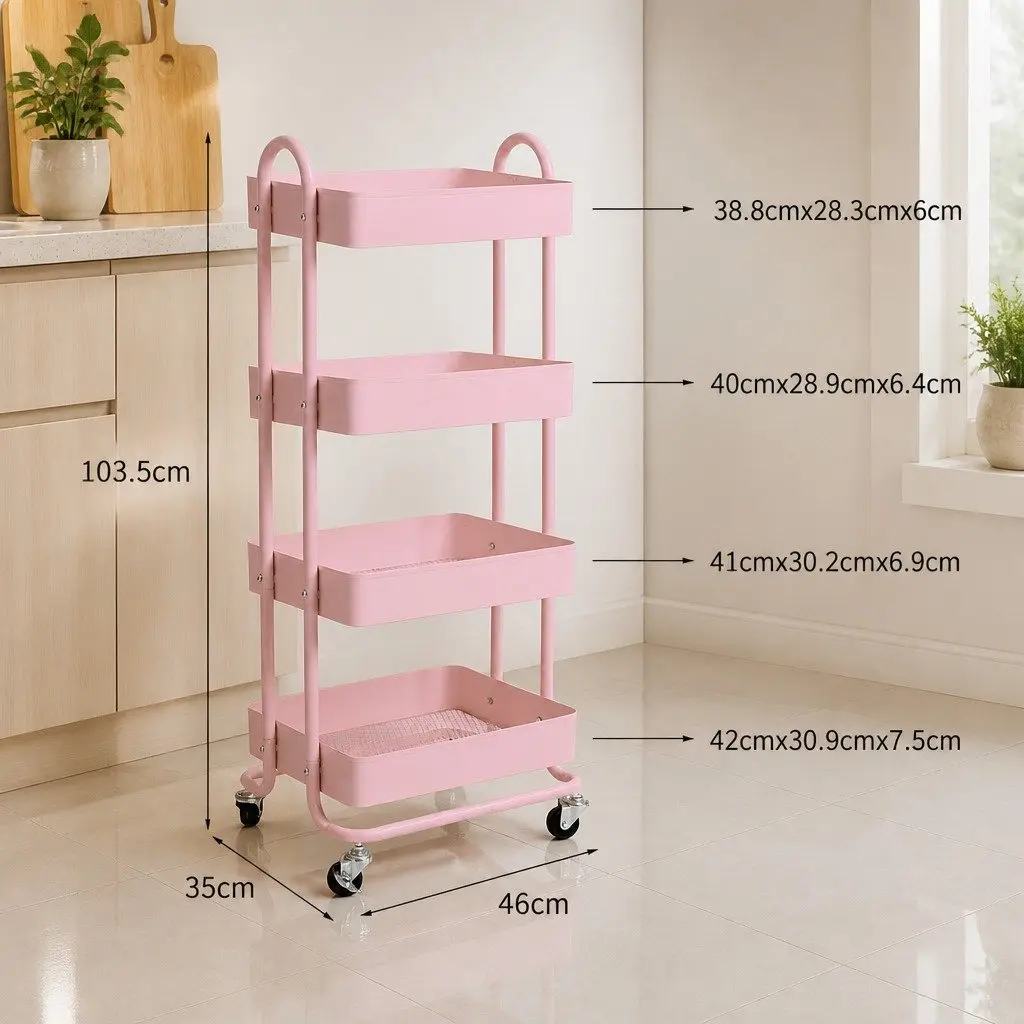 4-Tier Storage Trolley Kitchen Organizer Compact Rolling Cart with Wheels Pink