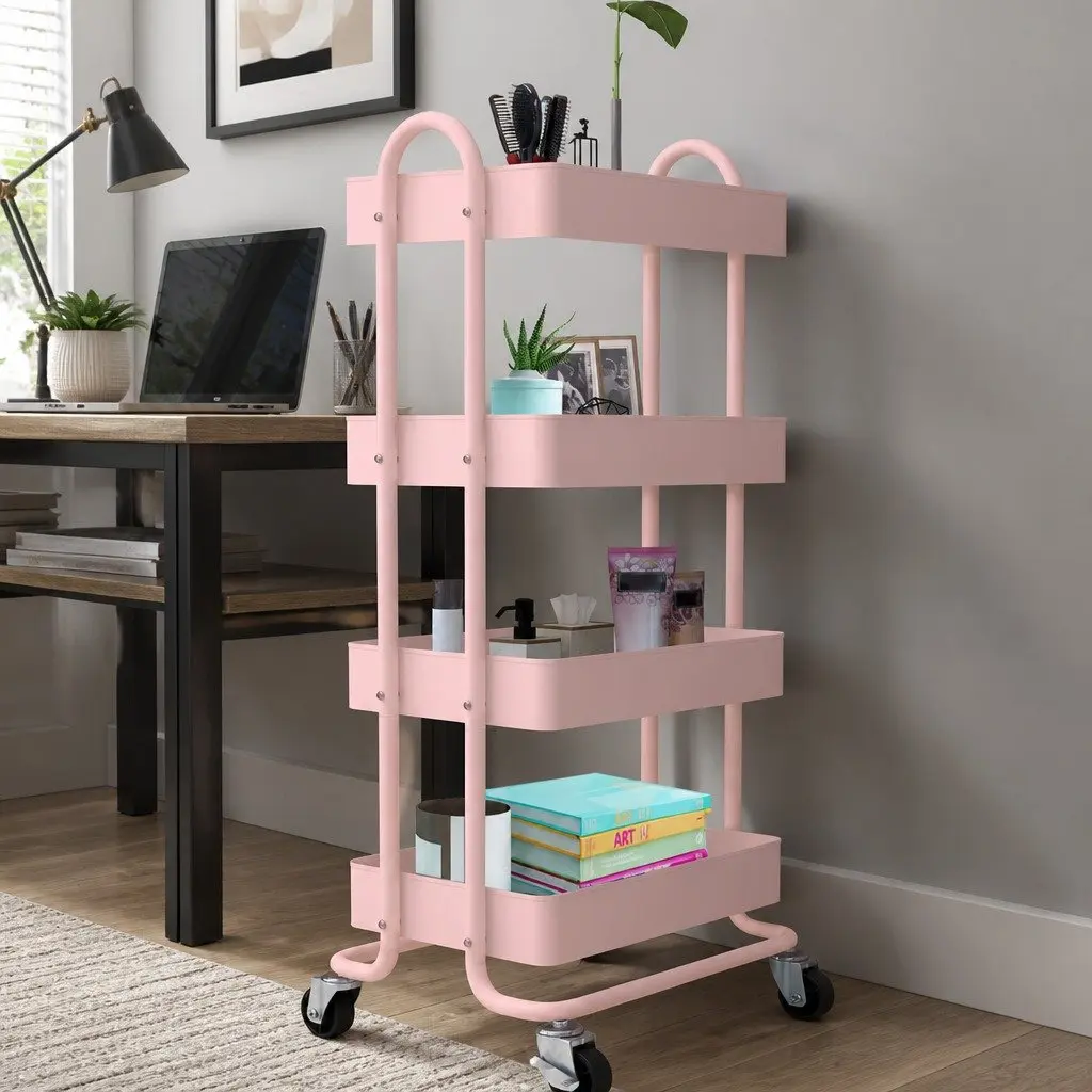 4-Tier Storage Trolley Kitchen Organizer Compact Rolling Cart with Wheels Pink