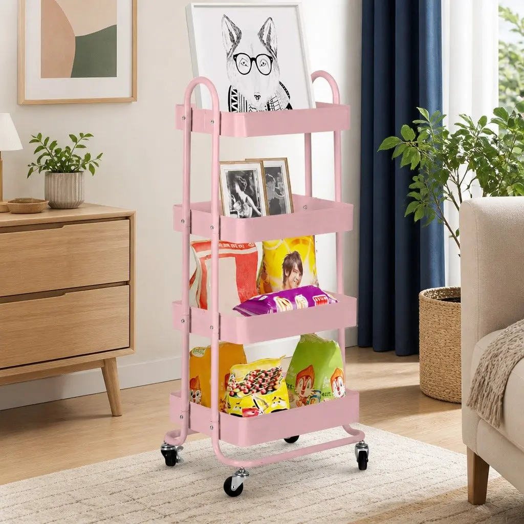 4-Tier Storage Trolley Kitchen Organizer Compact Rolling Cart with Wheels Pink