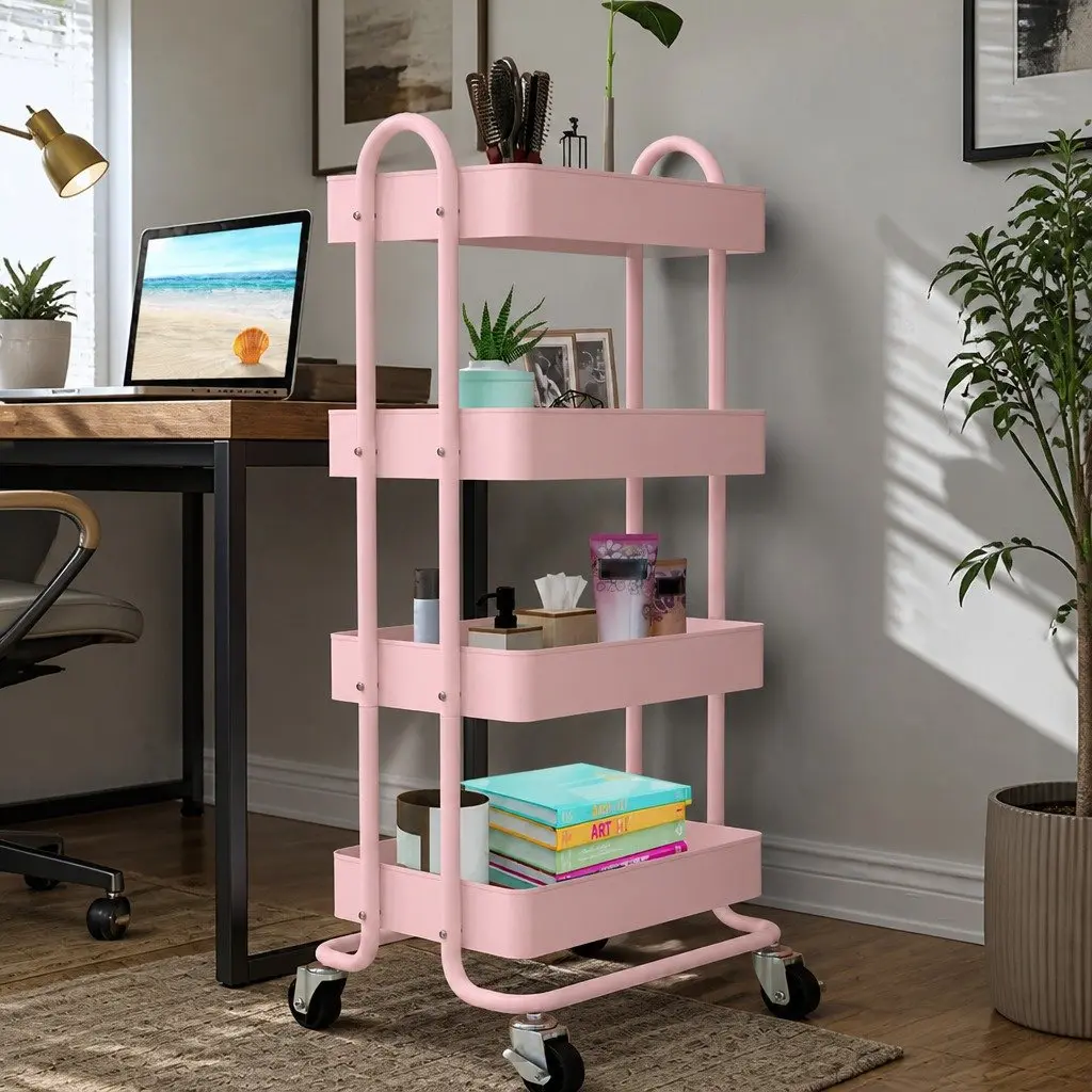 4-Tier Storage Trolley Kitchen Organizer Compact Rolling Cart with Wheels Pink
