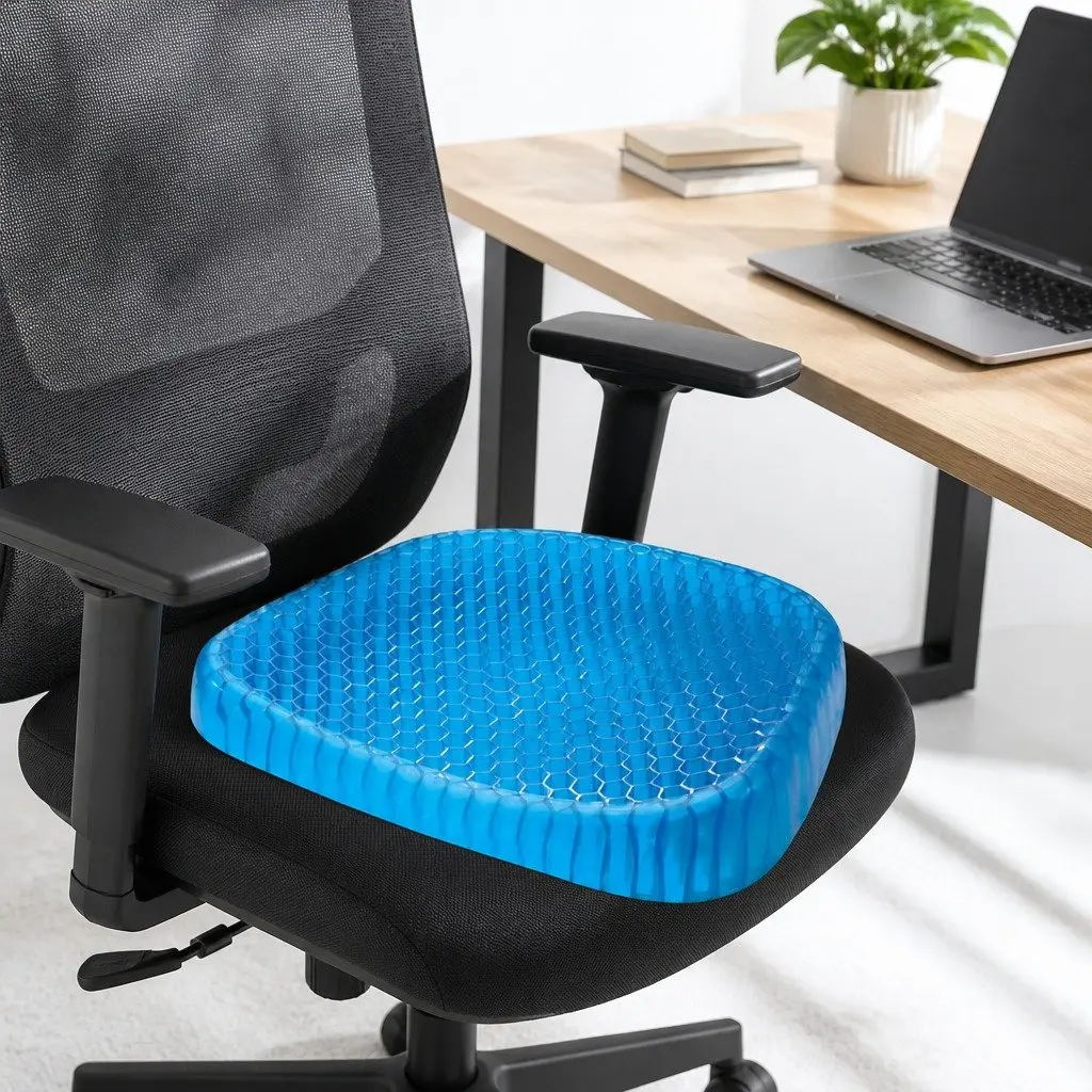 Gel Honeycomb Seat Cushion Flexible Back Support 42x35cm Blue with Black Anti-Slip Cover