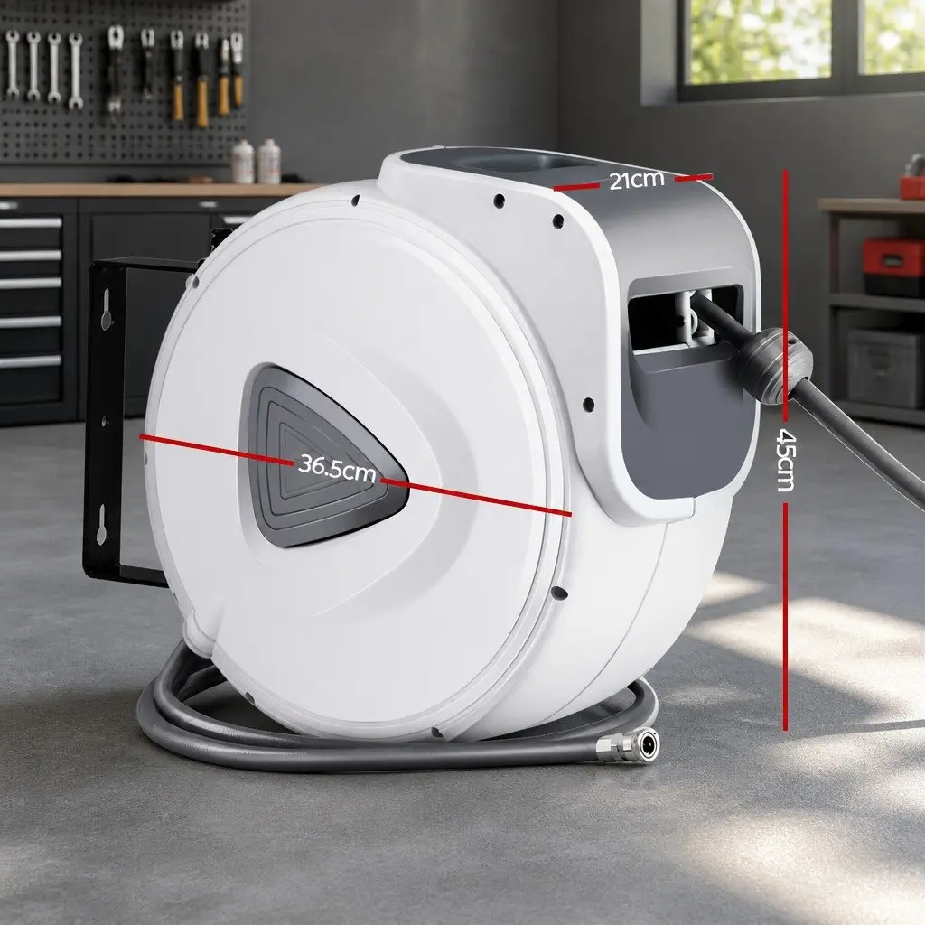 Air Hose Reel Retractable 10m Auto Rewind Wall Mount Swivel Grey White